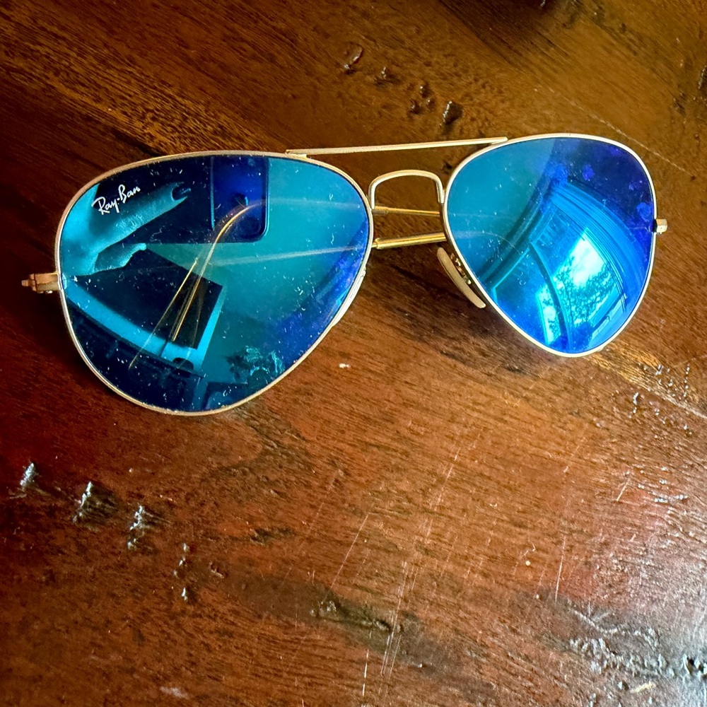 Ray-Ban Gold Frame Sunglasses with Reflective Blue Lenses